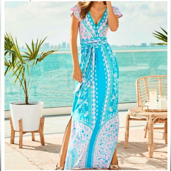 chinese dress ladies Border Print Slit Front Knit Maxi Dress - Multi